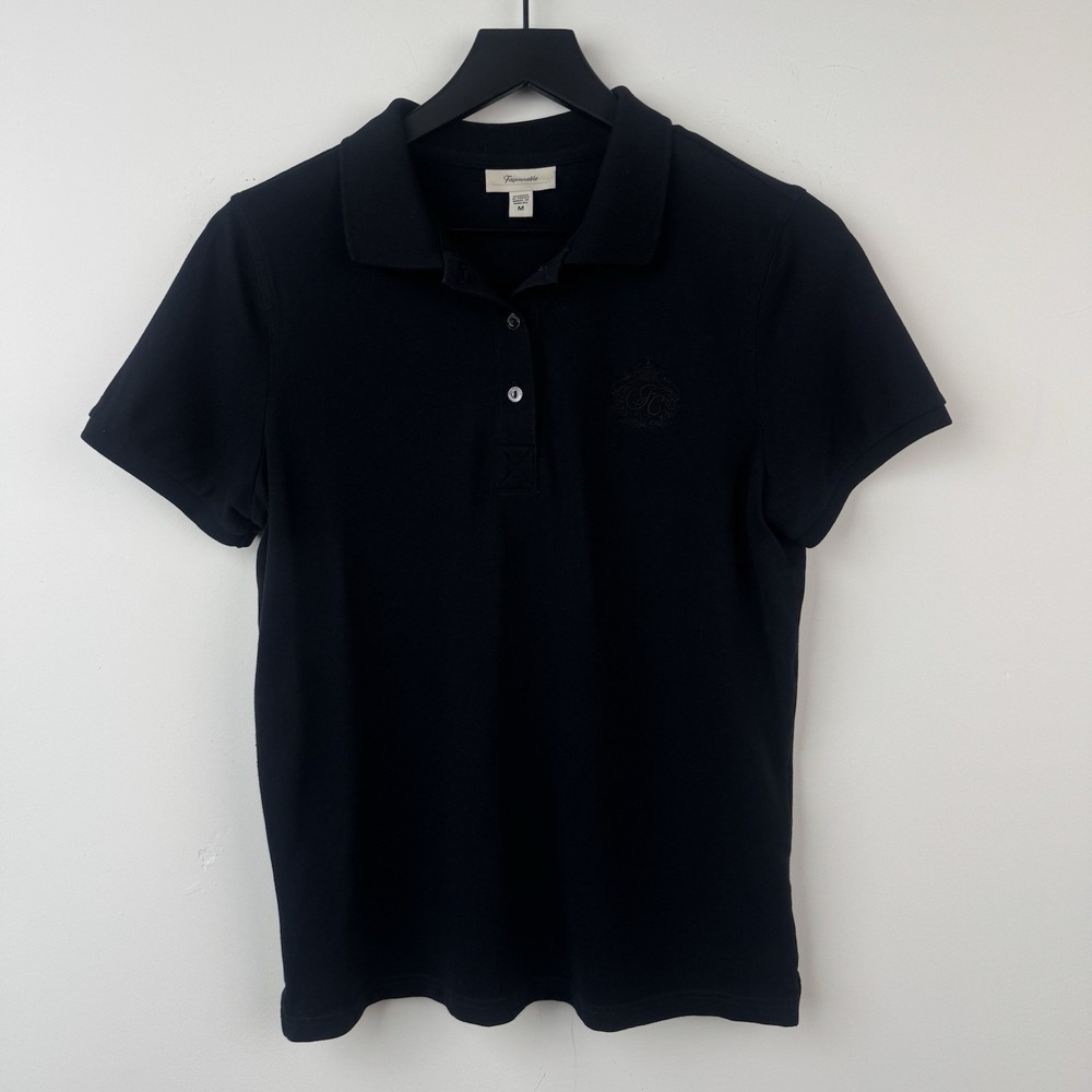 Faconnable Polo Shirt Womens M Black Golf Embroidered Crest Logo‎ Short Sleeve